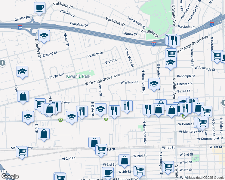 map of restaurants, bars, coffee shops, grocery stores, and more near 1095 Brookwin Drive in Pomona