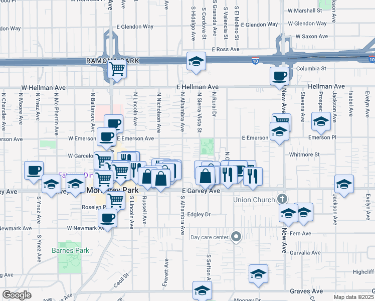 map of restaurants, bars, coffee shops, grocery stores, and more near 235 North Sierra Vista Street in Monterey Park