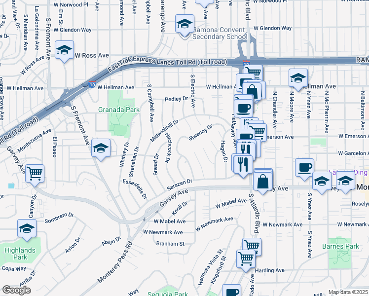 map of restaurants, bars, coffee shops, grocery stores, and more near 2400 Siwanoy Drive in Alhambra