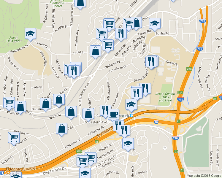 map of restaurants, bars, coffee shops, grocery stores, and more near 1930 Heidleman Road in Los Angeles