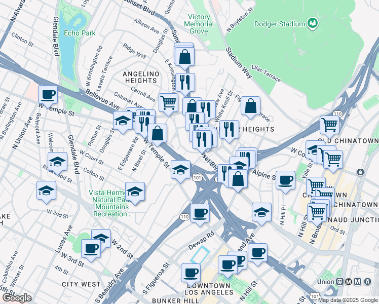 map of restaurants, bars, coffee shops, grocery stores, and more near 501 Victor Street in Los Angeles