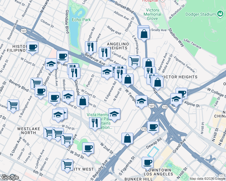map of restaurants, bars, coffee shops, grocery stores, and more near 342 East Edgeware Road in Los Angeles