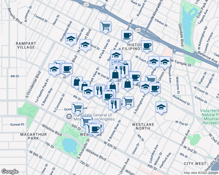 map of restaurants, bars, coffee shops, grocery stores, and more near 171 South Alvarado Street in Los Angeles