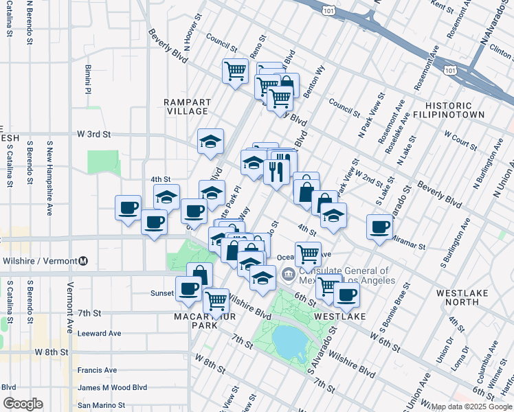 map of restaurants, bars, coffee shops, grocery stores, and more near 336 South Rampart Boulevard in Los Angeles