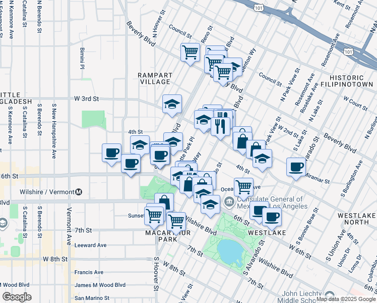 map of restaurants, bars, coffee shops, grocery stores, and more near 400 South La Fayette Park Place in Los Angeles