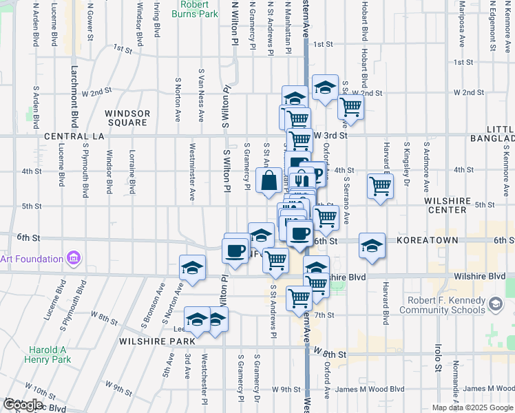 map of restaurants, bars, coffee shops, grocery stores, and more near 500 South Gramercy Place in Los Angeles