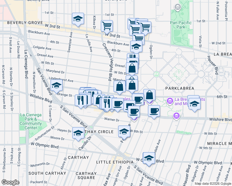 map of restaurants, bars, coffee shops, grocery stores, and more near 6204 West 6th Street in Los Angeles