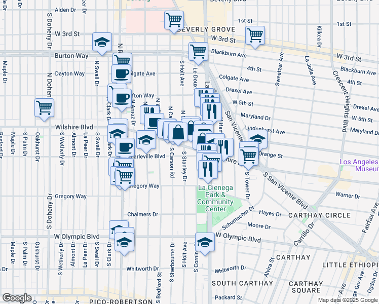 map of restaurants, bars, coffee shops, grocery stores, and more near in Beverly Hills
