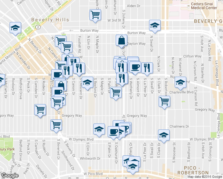 map of restaurants, bars, coffee shops, grocery stores, and more near 183 South Palm Drive in Los Angeles