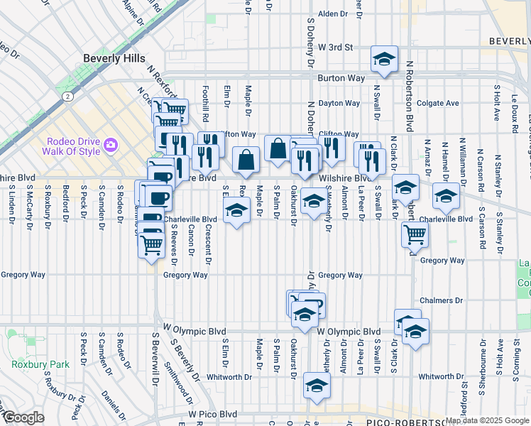 map of restaurants, bars, coffee shops, grocery stores, and more near 183 South Palm Drive in Los Angeles