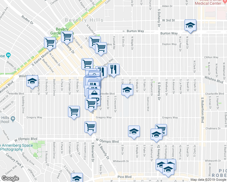 map of restaurants, bars, coffee shops, grocery stores, and more near 9379 Charleville Boulevard in Beverly Hills