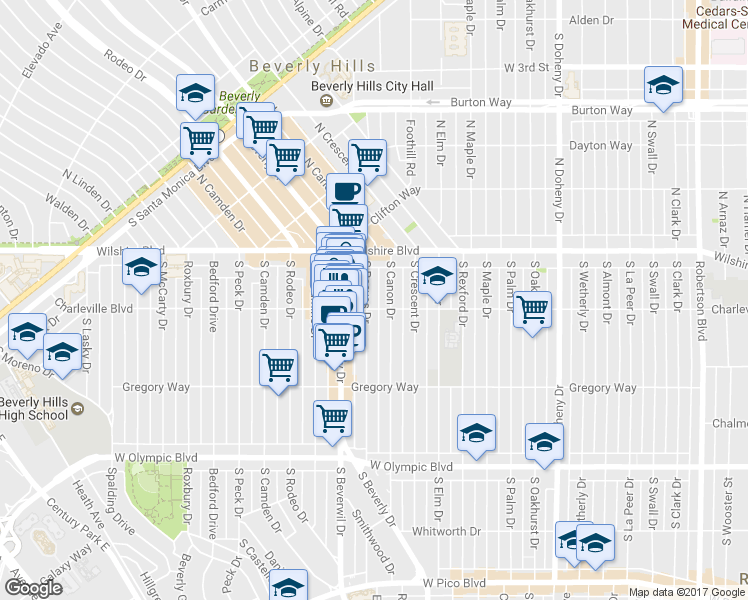 map of restaurants, bars, coffee shops, grocery stores, and more near 9433 Charleville Boulevard in Beverly Hills
