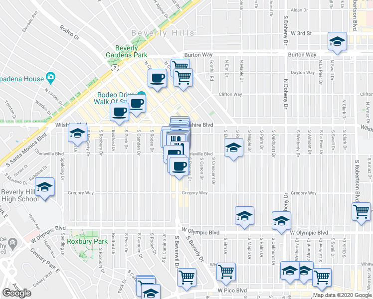 map of restaurants, bars, coffee shops, grocery stores, and more near 9433 Charleville Boulevard in Beverly Hills