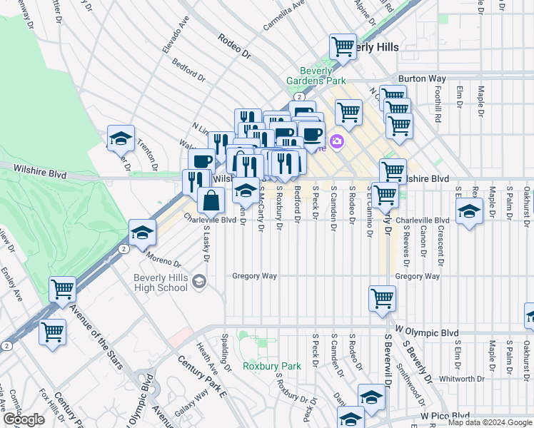 map of restaurants, bars, coffee shops, grocery stores, and more near 201 South McCarty Drive in Beverly Hills