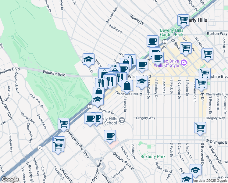 map of restaurants, bars, coffee shops, grocery stores, and more near 9909 Durant Drive in Beverly Hills