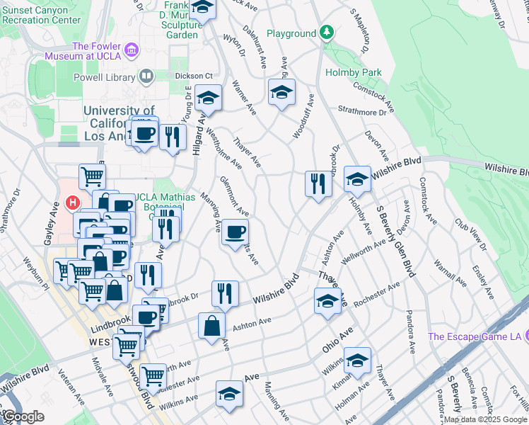 map of restaurants, bars, coffee shops, grocery stores, and more near 10600 Le Conte Avenue in Los Angeles