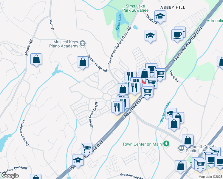 map of restaurants, bars, coffee shops, grocery stores, and more near 4371 Grove Field Park Northwest in Suwanee