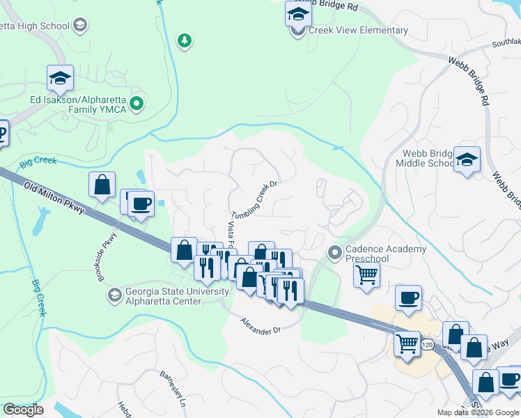 map of restaurants, bars, coffee shops, grocery stores, and more near 313 Tumbling Creek Drive in Alpharetta