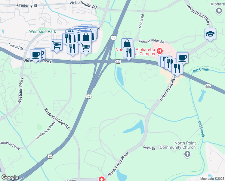map of restaurants, bars, coffee shops, grocery stores, and more near 11450 Morris Road in Alpharetta