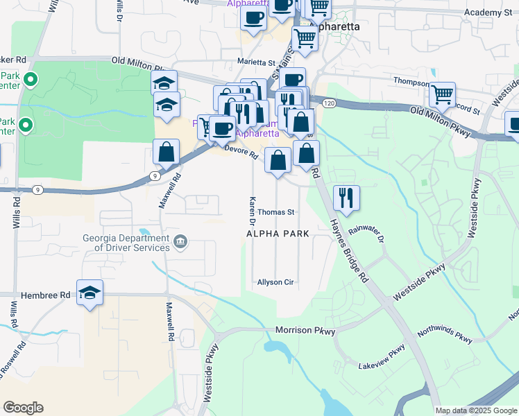 map of restaurants, bars, coffee shops, grocery stores, and more near 372 Karen Drive in Alpharetta