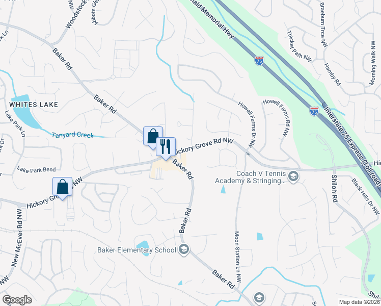 map of restaurants, bars, coffee shops, grocery stores, and more near 2493 Hickory Grove Road Northwest in Acworth