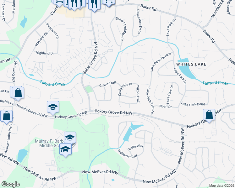 map of restaurants, bars, coffee shops, grocery stores, and more near 4221 Zephyrhills Drive in Acworth