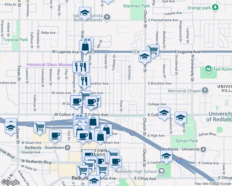 map of restaurants, bars, coffee shops, grocery stores, and more near 1002 Tribune Street in Redlands