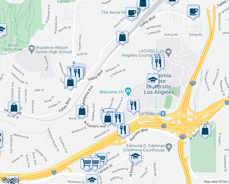 map of restaurants, bars, coffee shops, grocery stores, and more near 1936 Heidleman Road in Los Angeles