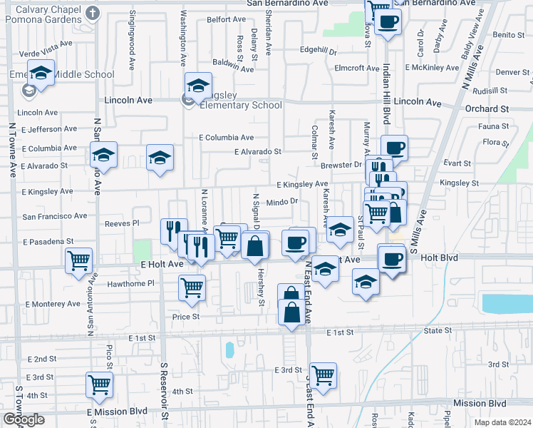 map of restaurants, bars, coffee shops, grocery stores, and more near 1187 Morning Sun Drive in Pomona