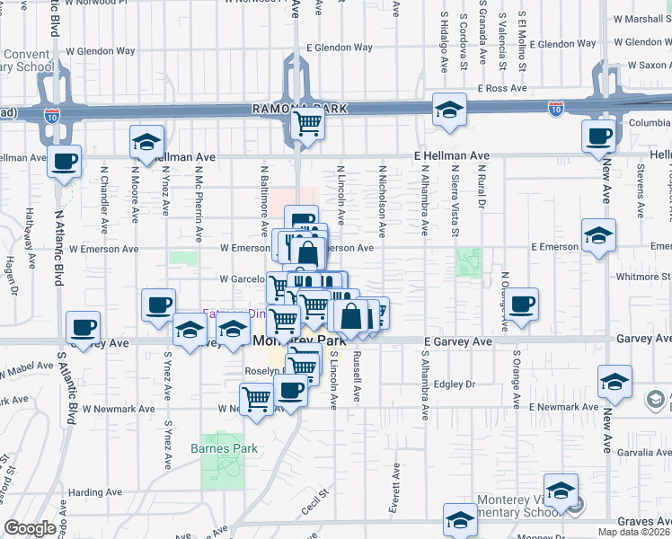 map of restaurants, bars, coffee shops, grocery stores, and more near 303 North Lincoln Avenue in Monterey Park
