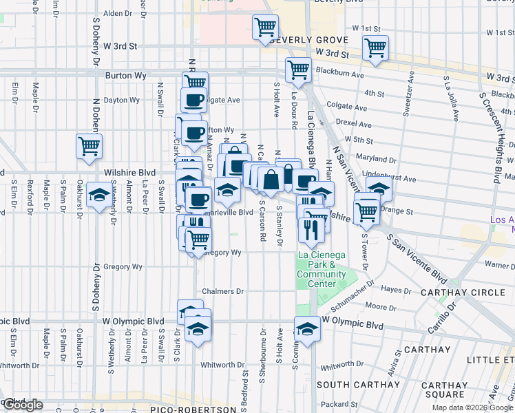 map of restaurants, bars, coffee shops, grocery stores, and more near 200 South Willaman Drive in Beverly Hills