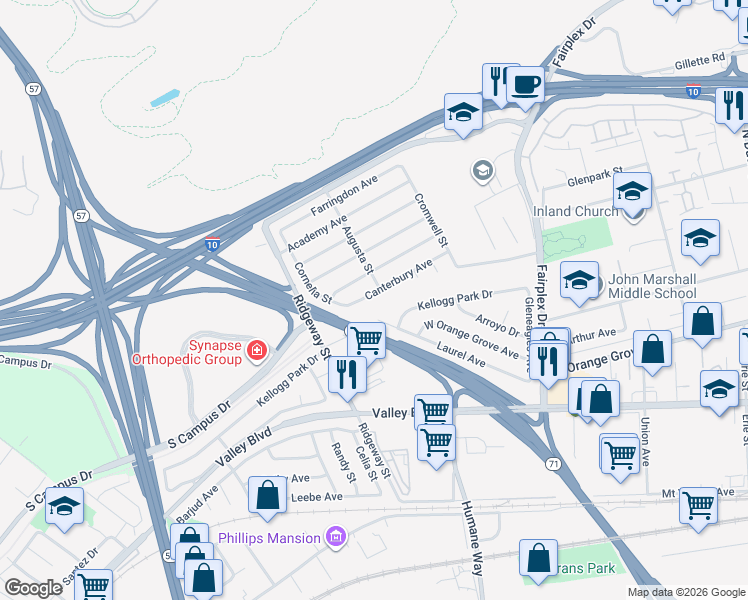 map of restaurants, bars, coffee shops, grocery stores, and more near 2330 Canterbury Avenue in Pomona