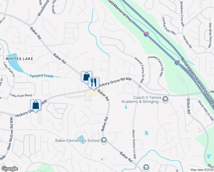 map of restaurants, bars, coffee shops, grocery stores, and more near 2493 Hickory Grove Road Northwest in Acworth