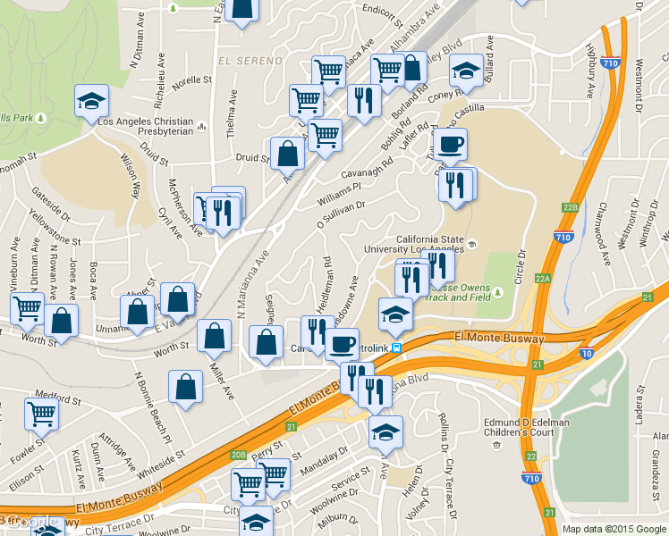 map of restaurants, bars, coffee shops, grocery stores, and more near 1936 Heidleman Road in Los Angeles