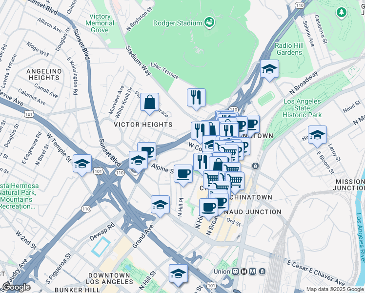 map of restaurants, bars, coffee shops, grocery stores, and more near 741 New Depot Street in Los Angeles