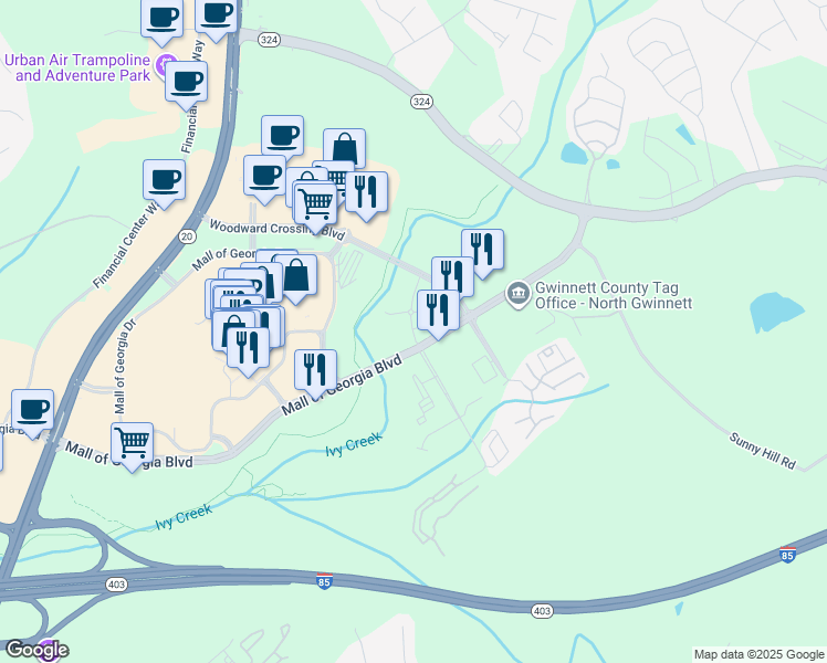 map of restaurants, bars, coffee shops, grocery stores, and more near 2620 Mall of Georgia Boulevard in Buford