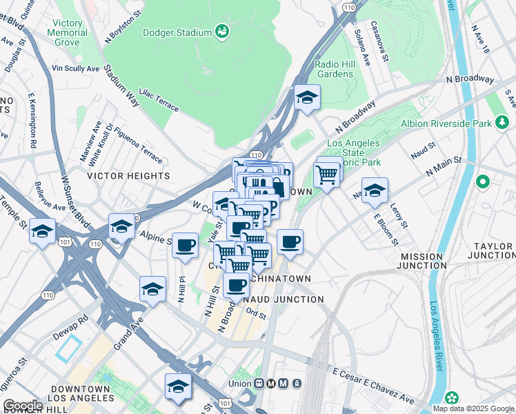 map of restaurants, bars, coffee shops, grocery stores, and more near 913 North Broadway in Los Angeles
