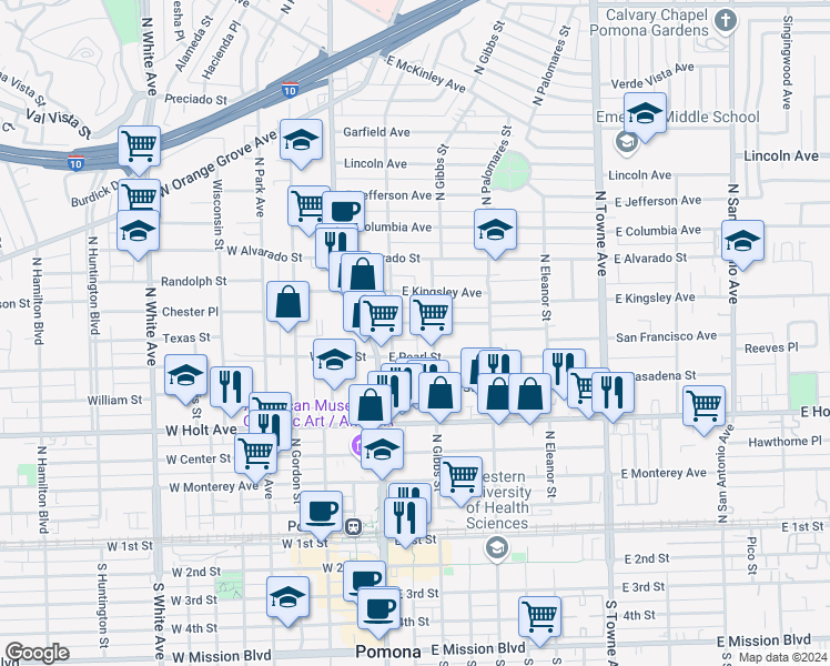 map of restaurants, bars, coffee shops, grocery stores, and more near 252 San Francisco Avenue in Pomona