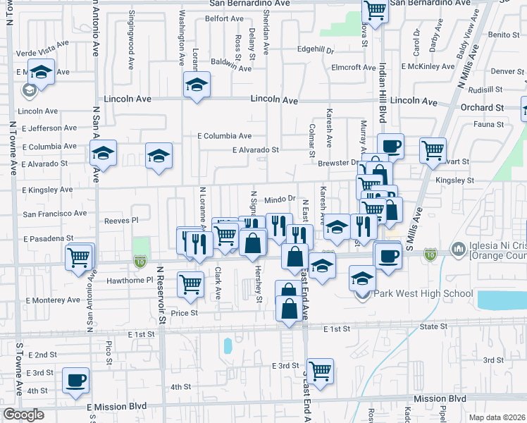 map of restaurants, bars, coffee shops, grocery stores, and more near 1187 Morning Sun Drive in Pomona