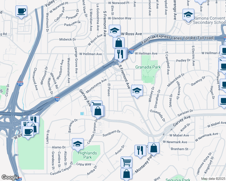 map of restaurants, bars, coffee shops, grocery stores, and more near 2560 Las Flores Street in Alhambra