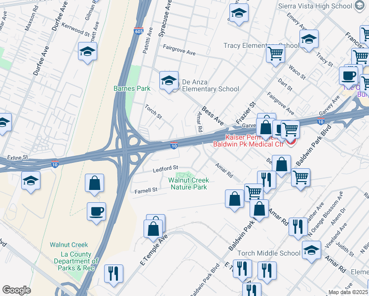 map of restaurants, bars, coffee shops, grocery stores, and more near 12836 Dalewood Street in Baldwin Park