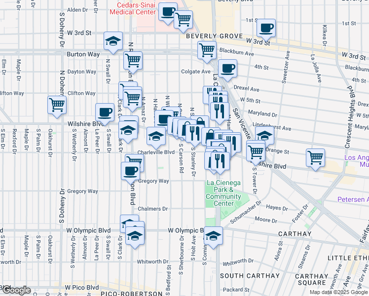 map of restaurants, bars, coffee shops, grocery stores, and more near 128 South Carson Road in Beverly Hills