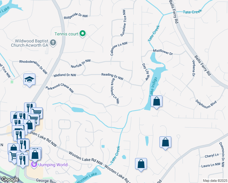 map of restaurants, bars, coffee shops, grocery stores, and more near 4788 Rock Island Lane Northwest in Acworth