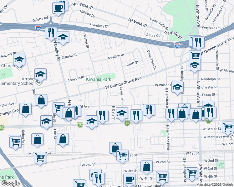 map of restaurants, bars, coffee shops, grocery stores, and more near 1202 Bayport Circle in Pomona