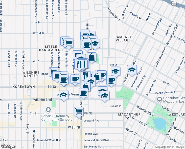 map of restaurants, bars, coffee shops, grocery stores, and more near 456 Shatto Place in Los Angeles