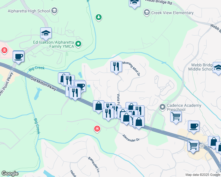 map of restaurants, bars, coffee shops, grocery stores, and more near 5665 Bridge Pointe Drive in Alpharetta