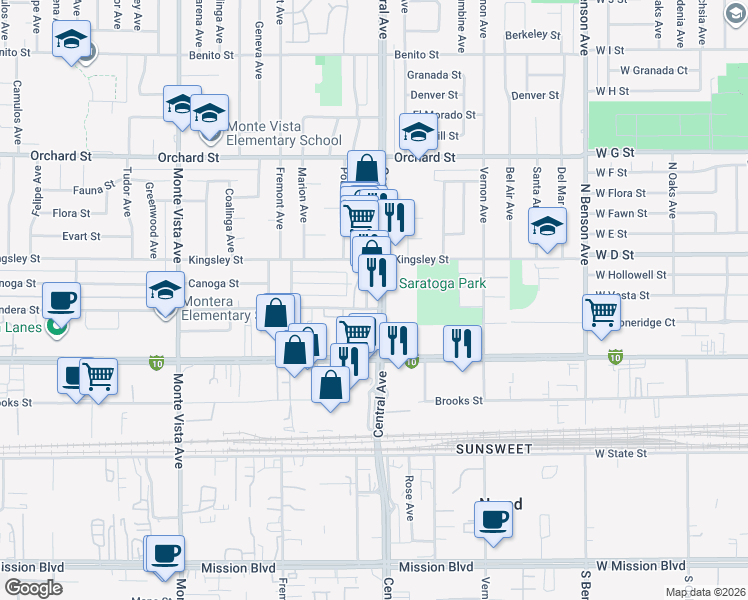 map of restaurants, bars, coffee shops, grocery stores, and more near 10380 Central Avenue in Montclair