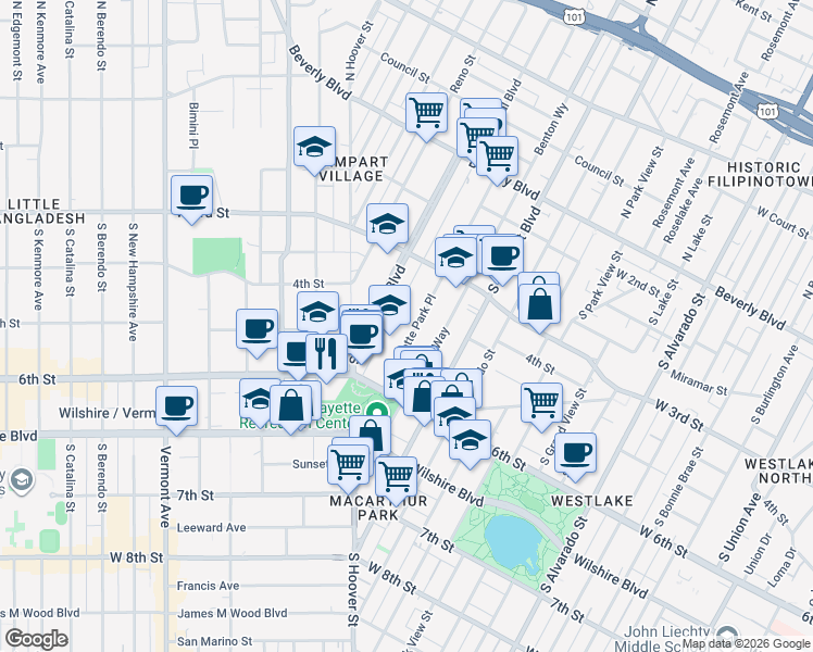 map of restaurants, bars, coffee shops, grocery stores, and more near 421 South Lafayette Park Place in Los Angeles