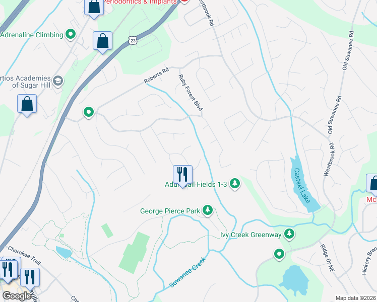 map of restaurants, bars, coffee shops, grocery stores, and more near 3975 Magnolia Leaf Lane in Suwanee