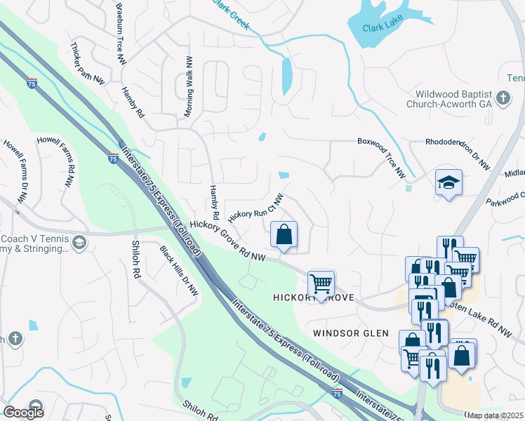 map of restaurants, bars, coffee shops, grocery stores, and more near 4603 Hickory Run Court Northwest in Acworth